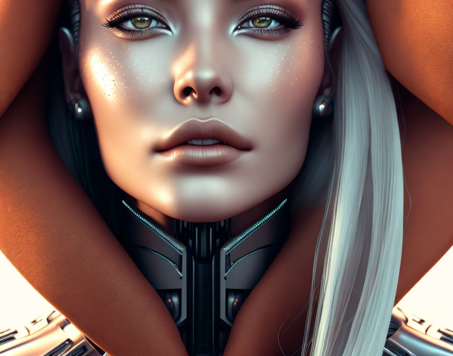 Futuristic woman with platinum blonde hair and glowing freckles in cybernetic setting