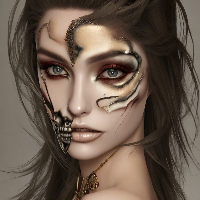 Digital art portrait of woman with skull makeup, gold adornments, intense eyes