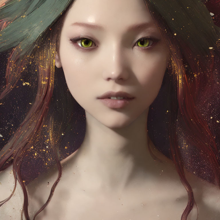 Multicolored Star-Speckled Hair and Green Eyes in Cosmic Portrait