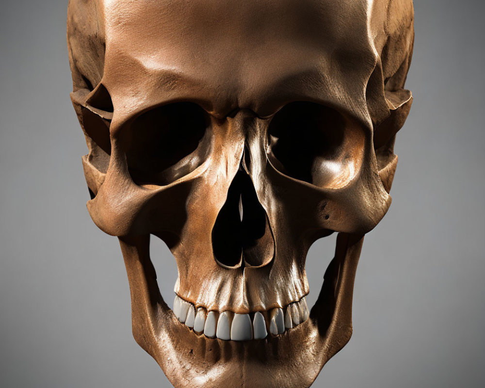 Bronze Skull with Shiny Teeth on Dark Grey Background