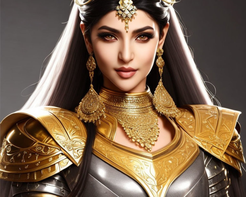 Regal woman in golden armor and headdress with striking makeup and dark hair