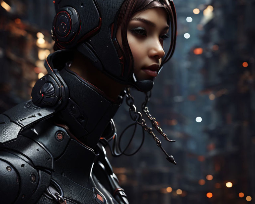 Futuristic black armor suit person against industrial backdrop.