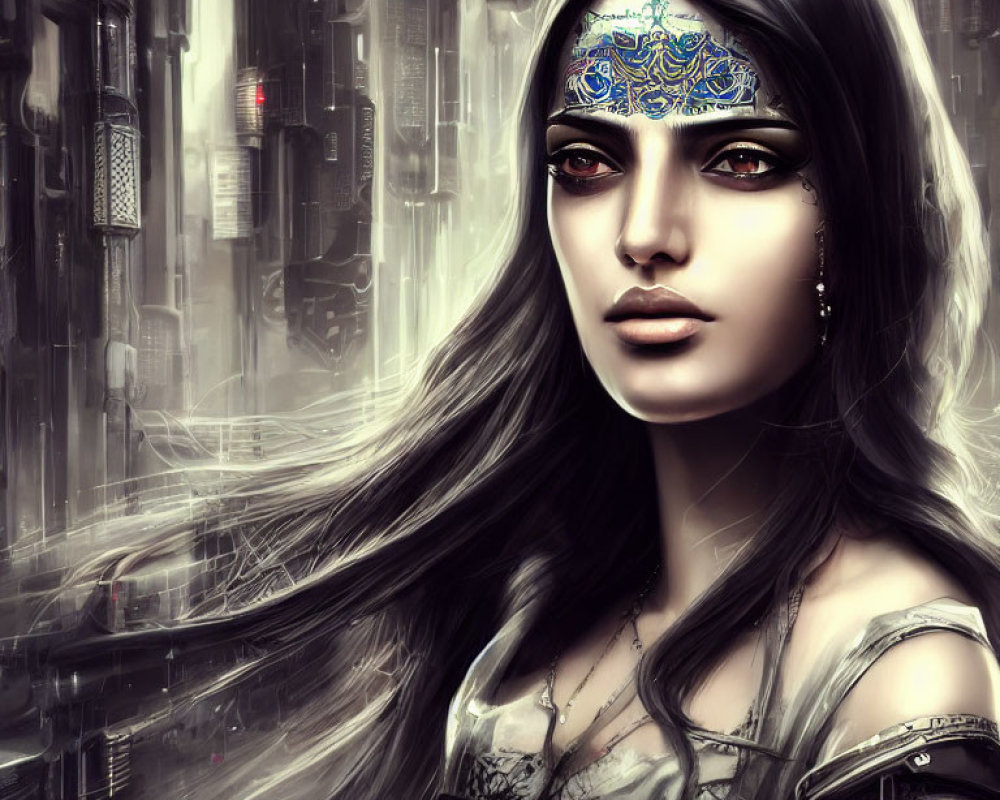 Digital artwork of woman with long hair and blue headpiece in futuristic city.