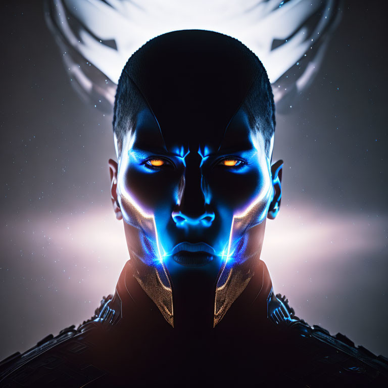 Digital artwork: humanoid face with glowing blue eyes and lines on futuristic background.