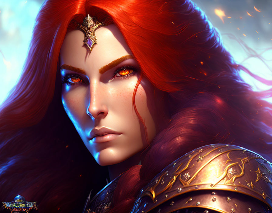 Fantasy female warrior digital artwork with red hair and golden armor