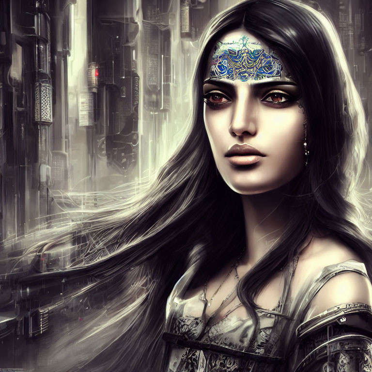 Digital artwork of woman with long hair and blue headpiece in futuristic city.