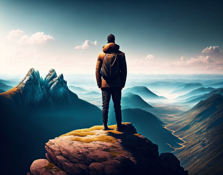 Person overlooking valley with rivers and mountains at sunset