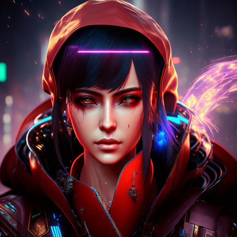 Futuristic female character with glowing blue eyes in red hoodie against neon cityscape