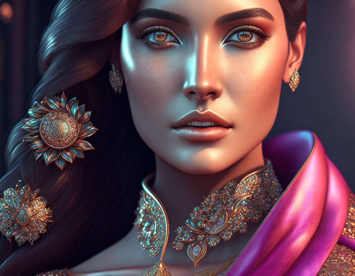 Detailed Close-Up of Woman with Golden Jewelry and Vibrant Shawl