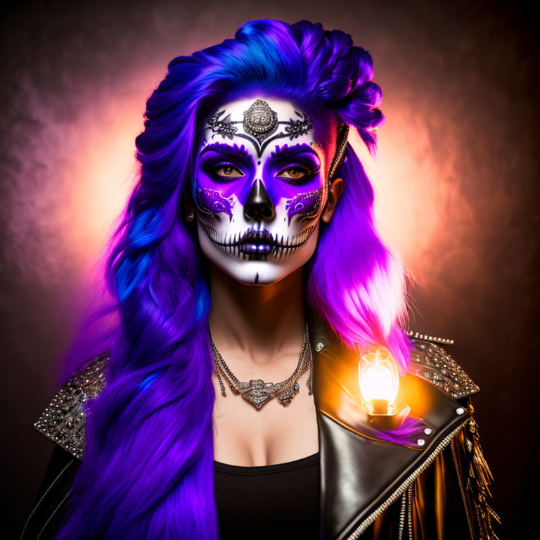 Vibrant purple hair woman in Day of the Dead makeup with studded jacket holding lit bulb