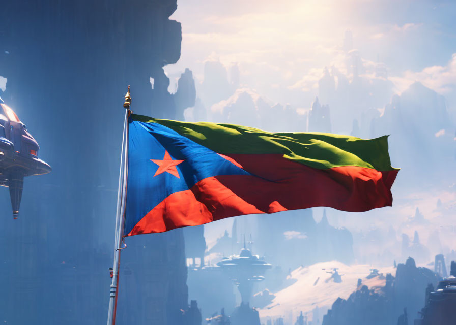 Colorful flag with blue, red, and green stripes and star, waving over futuristic cityscape.