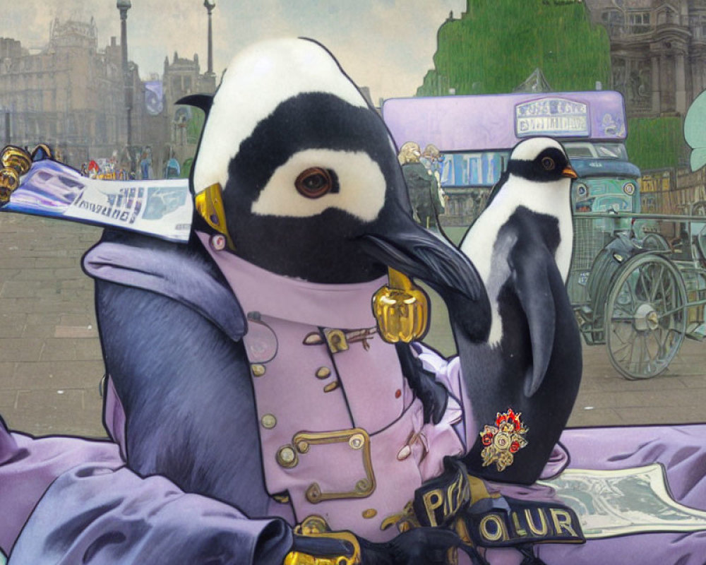 Surreal Artwork: Penguins in Period Clothing in Urban Fantasy Setting