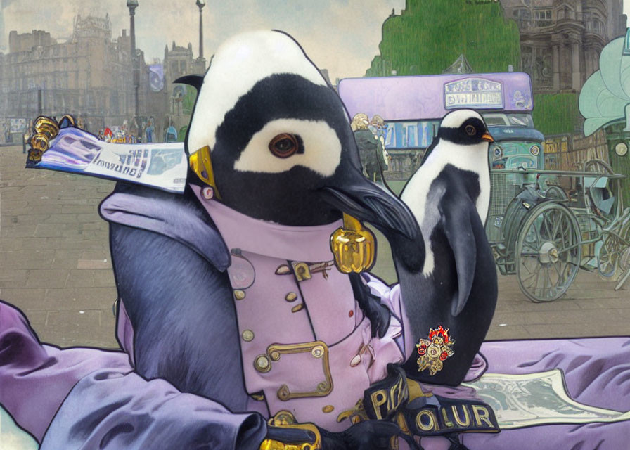 Surreal Artwork: Penguins in Period Clothing in Urban Fantasy Setting