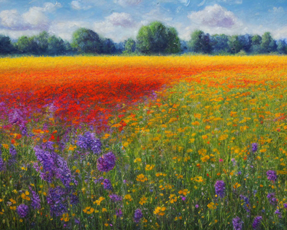 Colorful Wildflowers Field Under Blue Sky and Green Trees