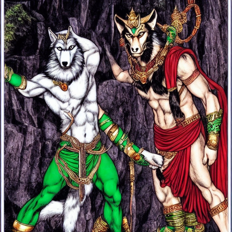 Anthropomorphic wolves in Indian attire with weapons pose heroically.