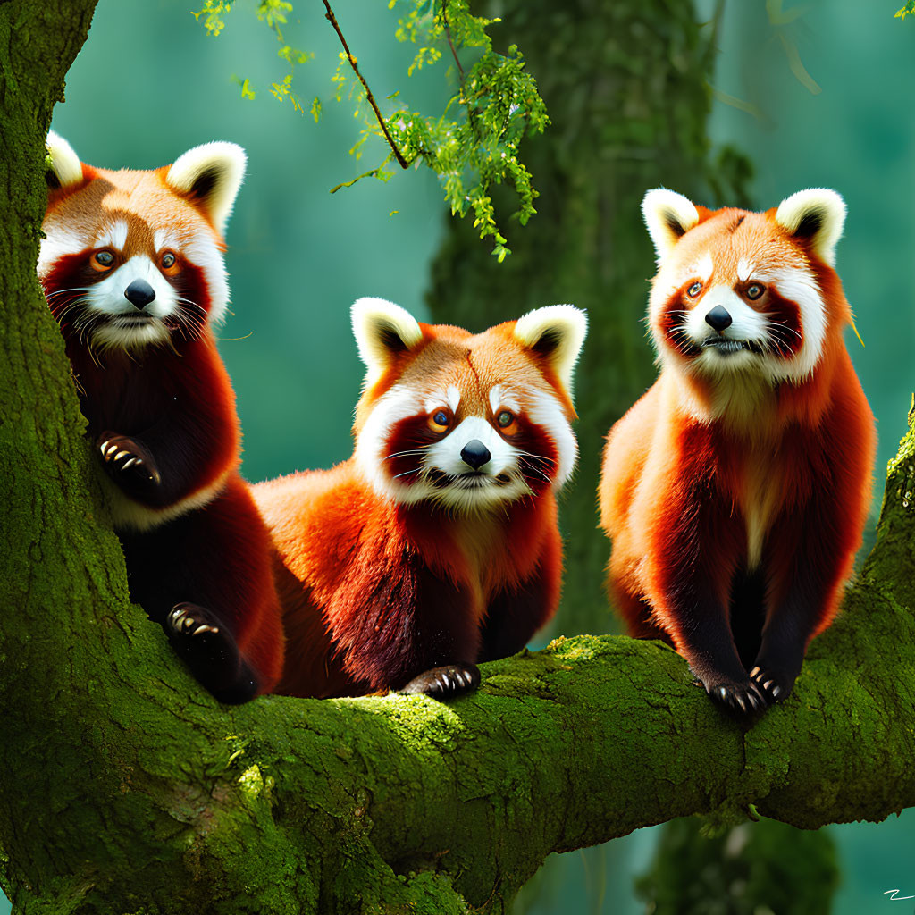 Three red pandas on moss-covered branch in lush green forest