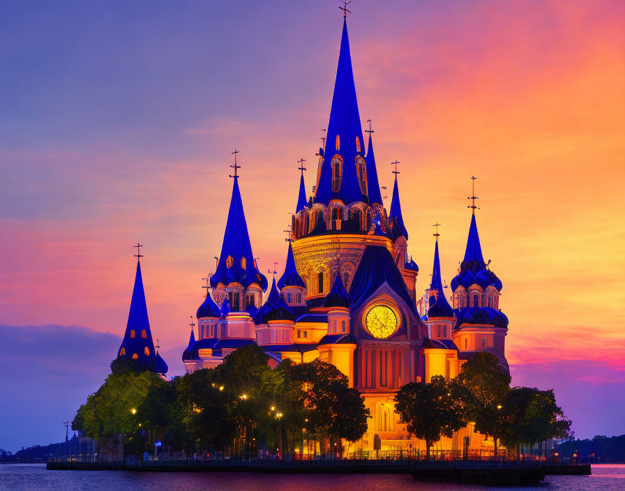 Castle with Blue Spires and Clock Towers Silhouetted at Sunset