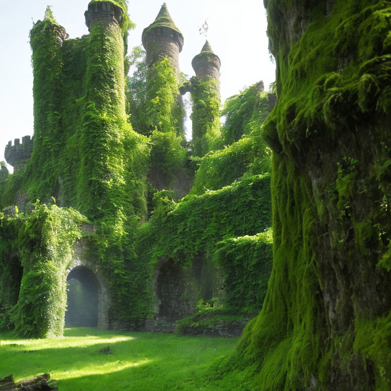 Overgrown ancient castle ruins with lush green ivy and moss