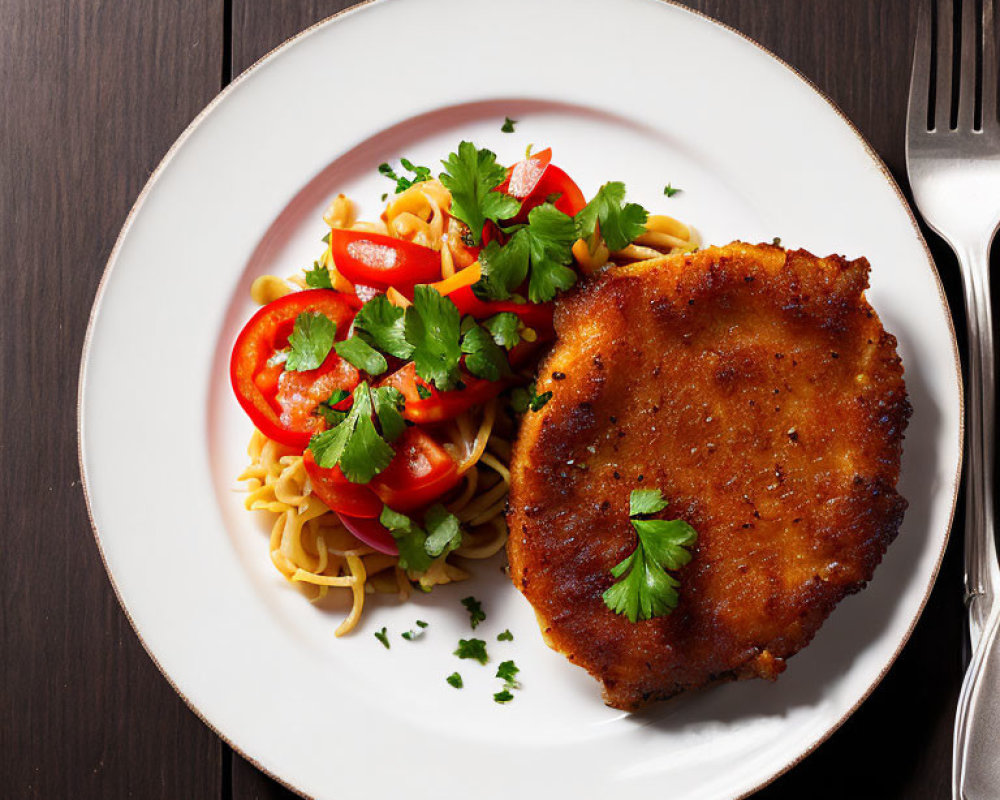 Fried Pork Chop with Spaghetti, Tomatoes, Bell Peppers, and Parsley on White