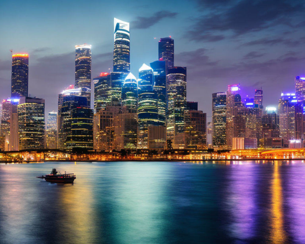 Vibrant nighttime cityscape with illuminated skyscrapers and calm waterfront reflection.