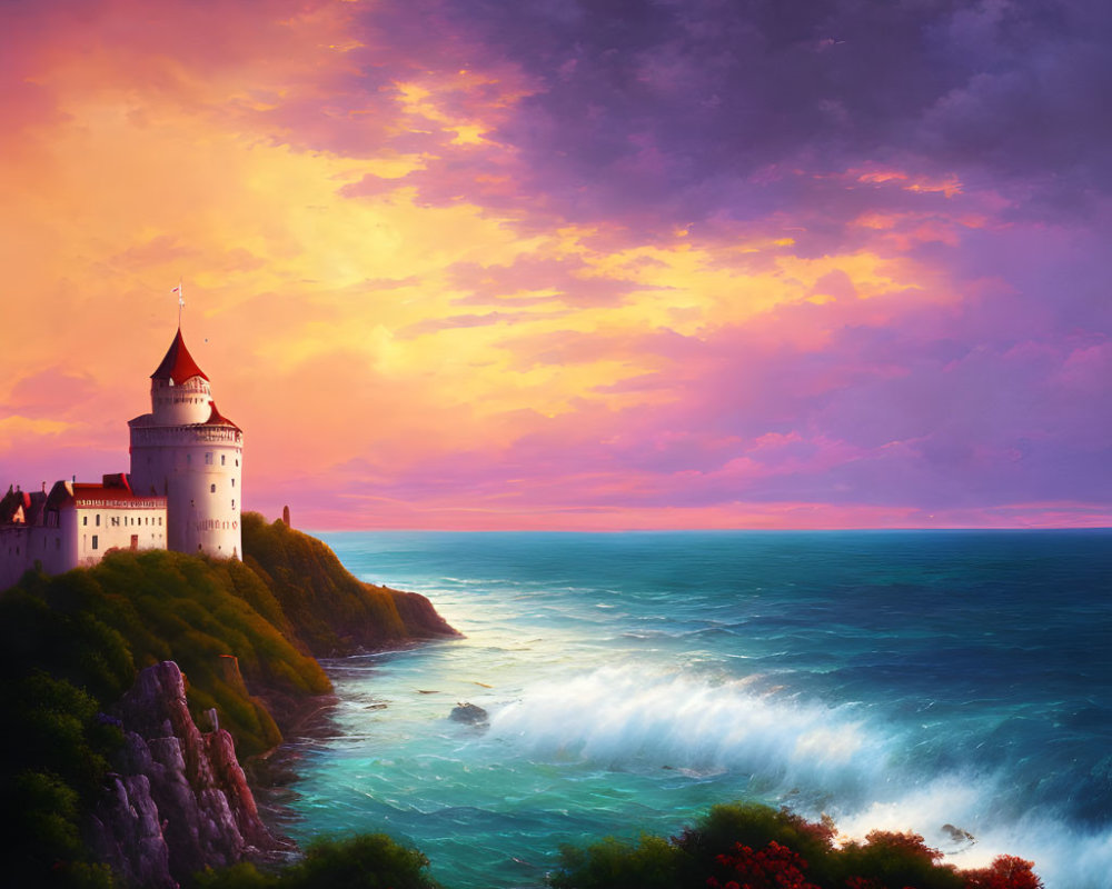 Castle on Cliff Overlooking Stormy Sea at Sunset