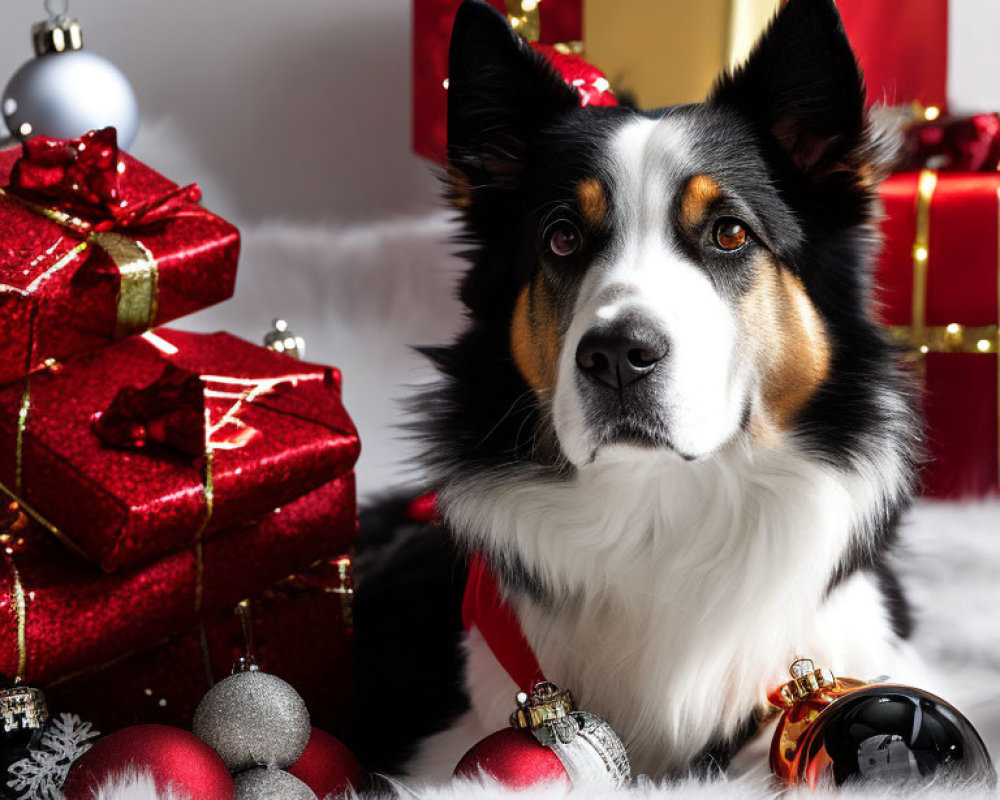 Tricolor Border Collie Surrounded by Christmas Decor