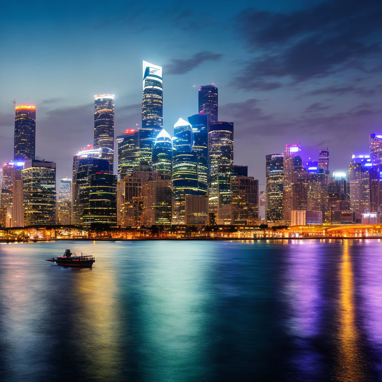 Vibrant nighttime cityscape with illuminated skyscrapers and calm waterfront reflection.