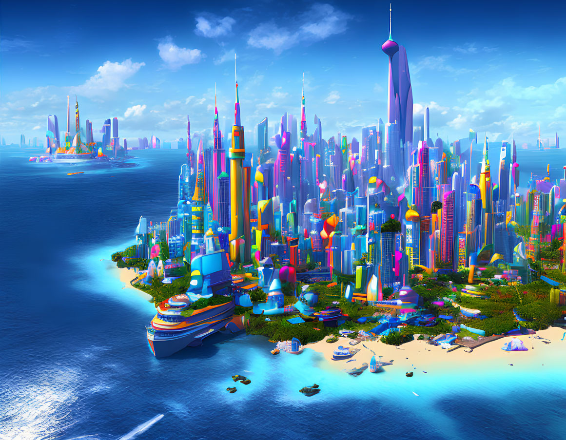 Colorful Skyscrapers in Futuristic Coastal Cityscape