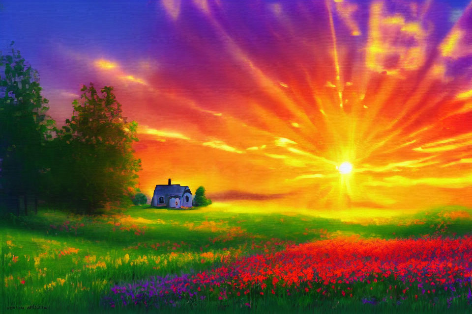 Colorful countryside sunset painting with small house and flower fields.