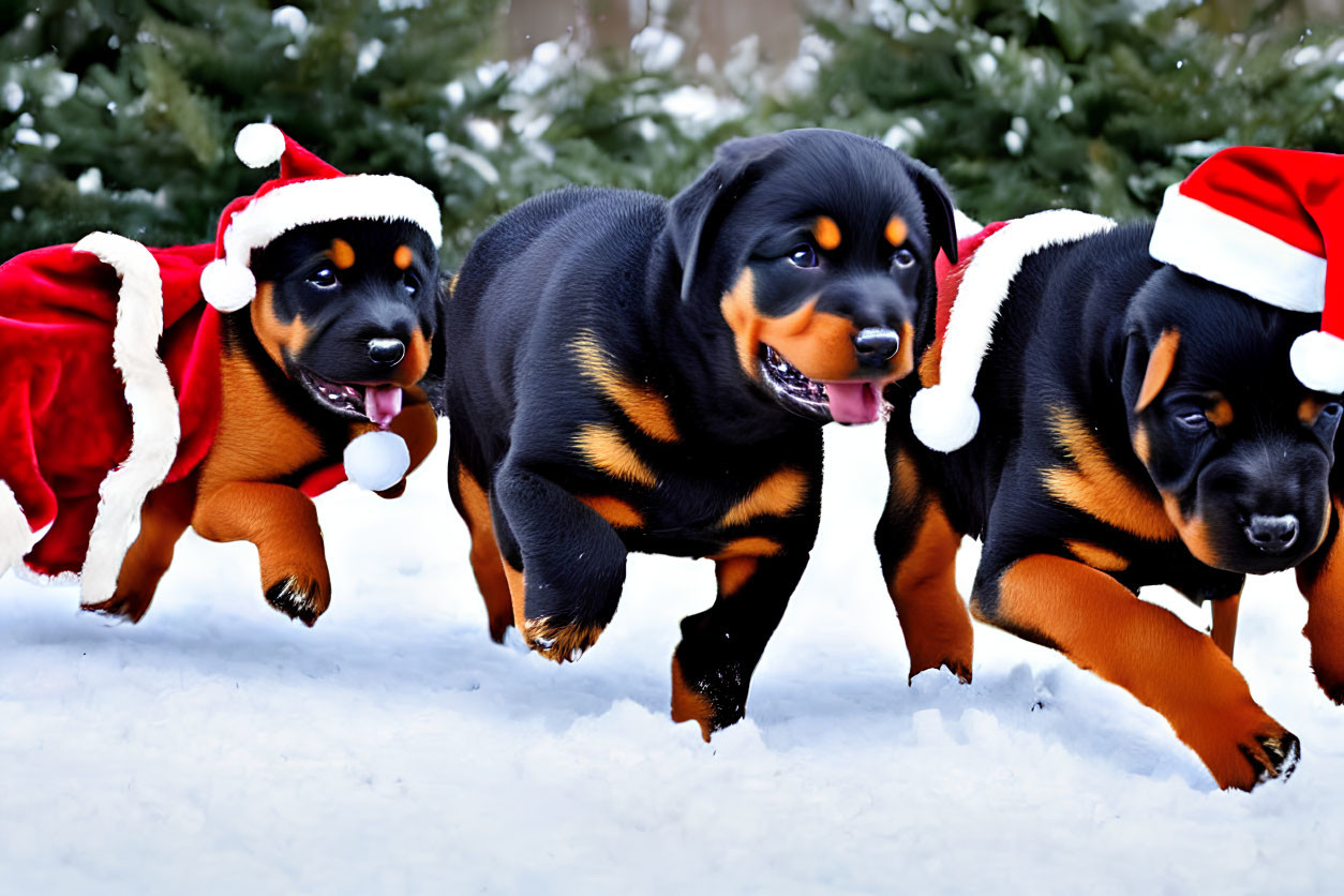 Three Rottweiler Puppies in Santa Hats Playing in Snow