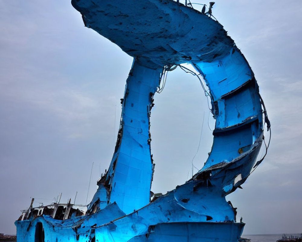 Rusted blue shipwreck under cloudy sky creates eerie scene