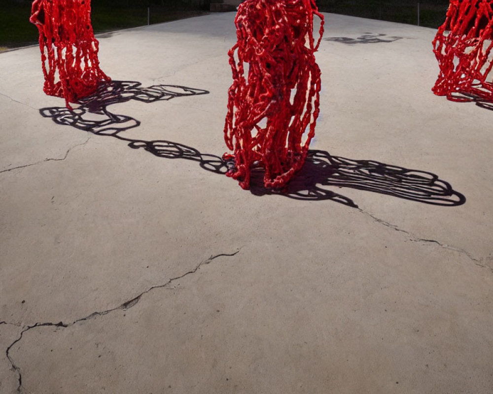 Red Rope Sculptural Installations Casting Shadows on Cracked Concrete Surface