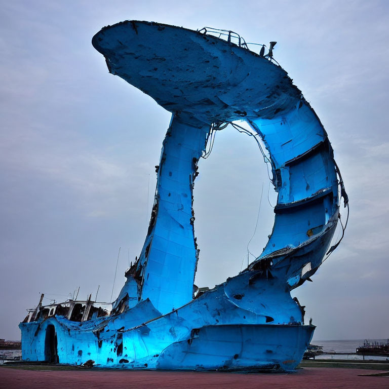 Rusted blue shipwreck under cloudy sky creates eerie scene