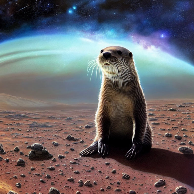 Otter standing on rocky Martian surface under starry sky with auroras