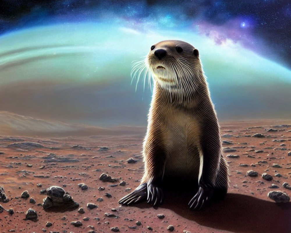 Otter standing on rocky Martian surface under starry sky with auroras