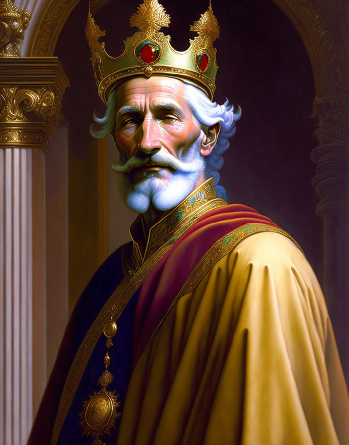 Elderly man with crown and medallion in regal attire gazes aside