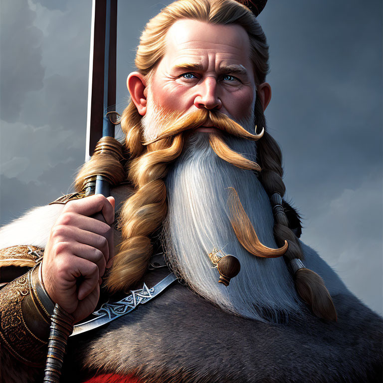 Bearded Viking warrior with sword in ornate clothing against cloudy sky