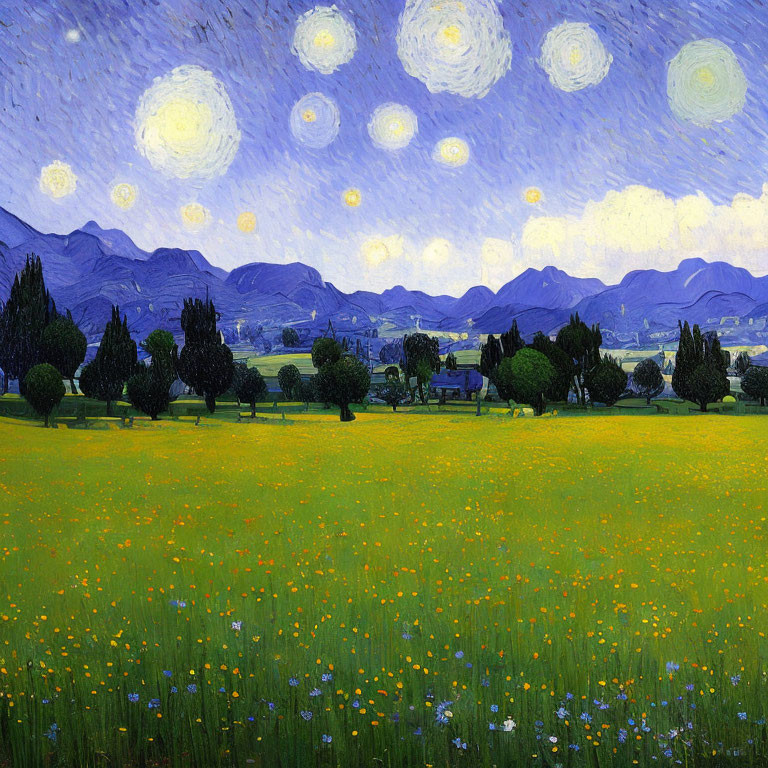 Starry Night Sky Over Blue Mountains and Yellow Flowers