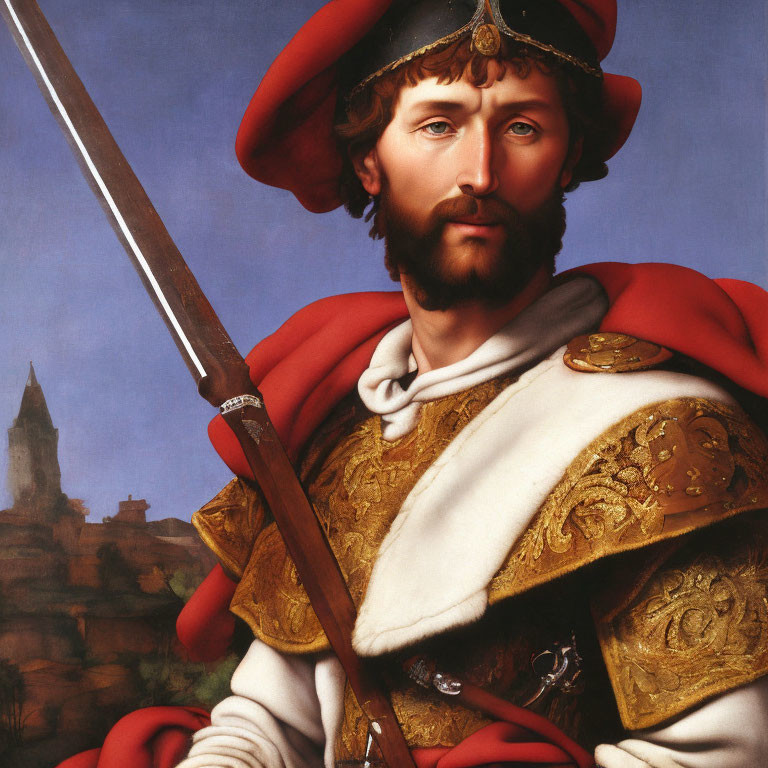 Historically dressed man with spear, red hat, cape, and golden armor, in front of tower