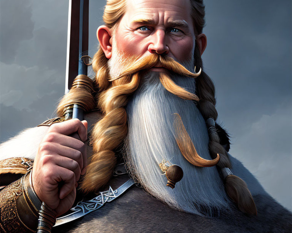 Bearded Viking warrior with sword in ornate clothing against cloudy sky