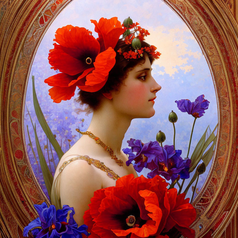 Vibrant painting of young woman with red and purple flowers in hair