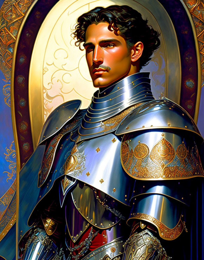 Curly Haired Knight in Ornate Gold Armor on Decorative Background