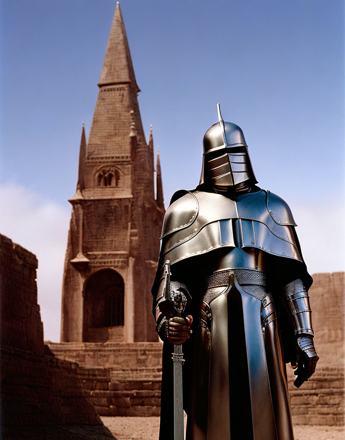 Futuristic knight in armor with helmet and weapon before spire