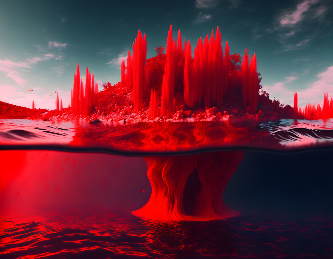 Surreal Red Landscape with Spiky Formations and Reflective Water