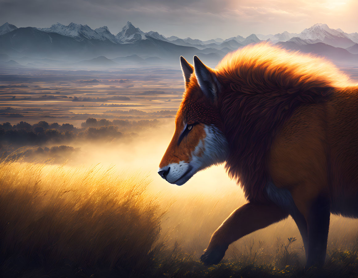 Fox walking in sunlit field with snow-capped mountains under dramatic sky