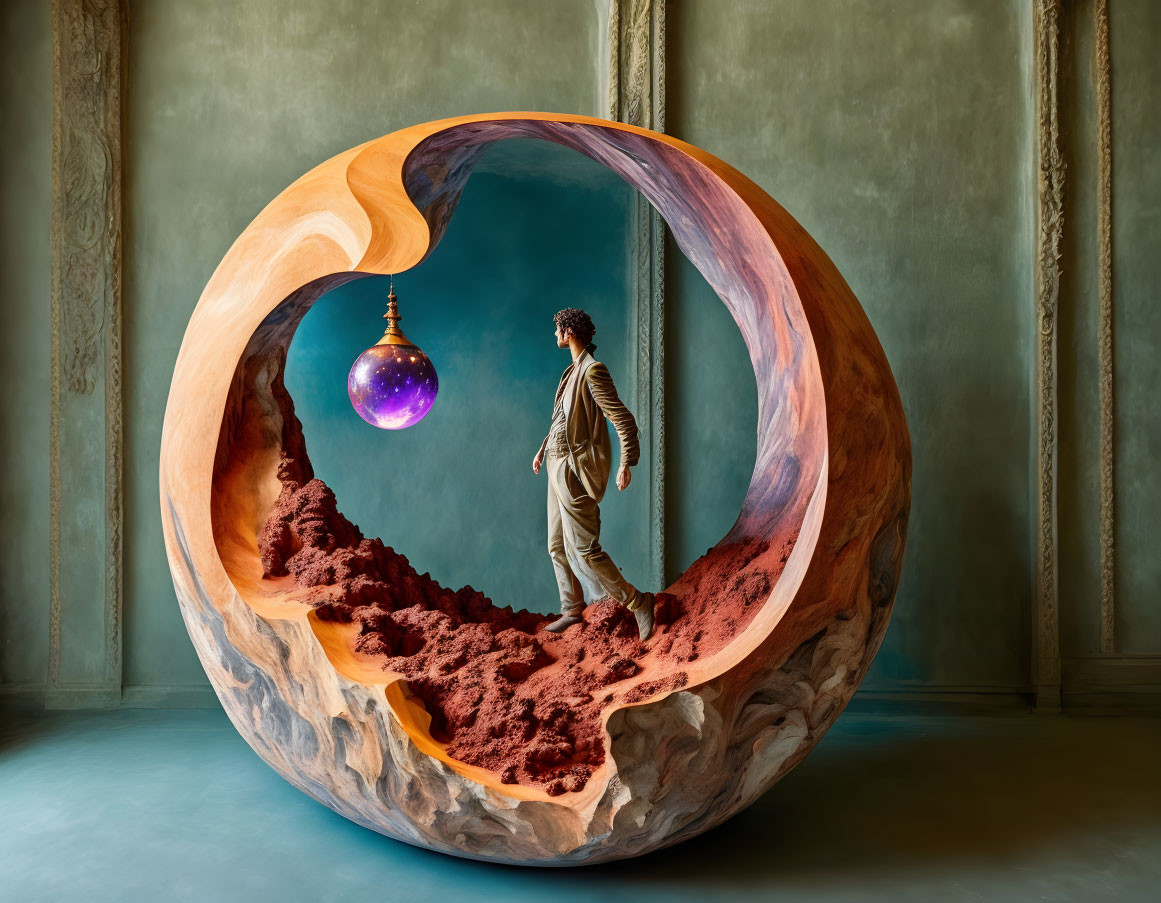 Sculptural Installation Featuring Spherical Structure and Purple Orb