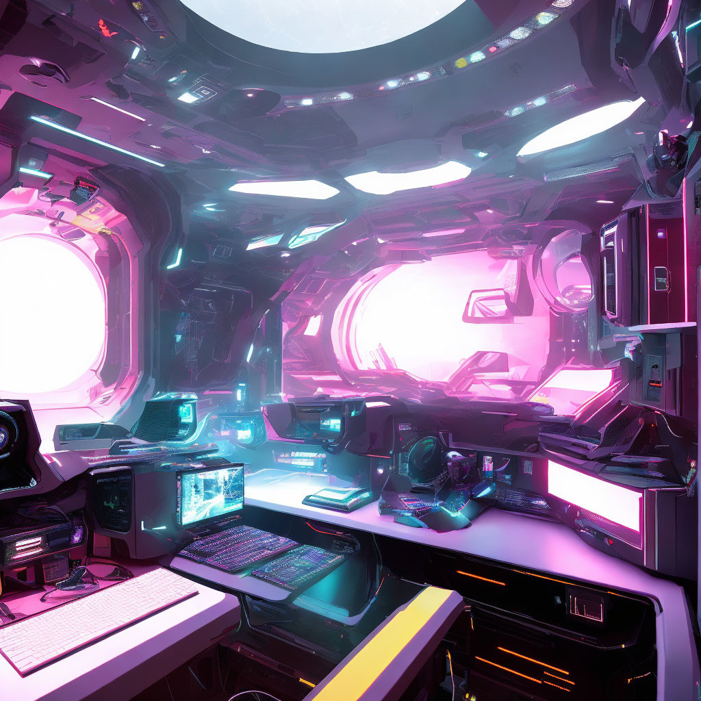 Futuristic Spaceship Interior with Pink and Purple Lighting