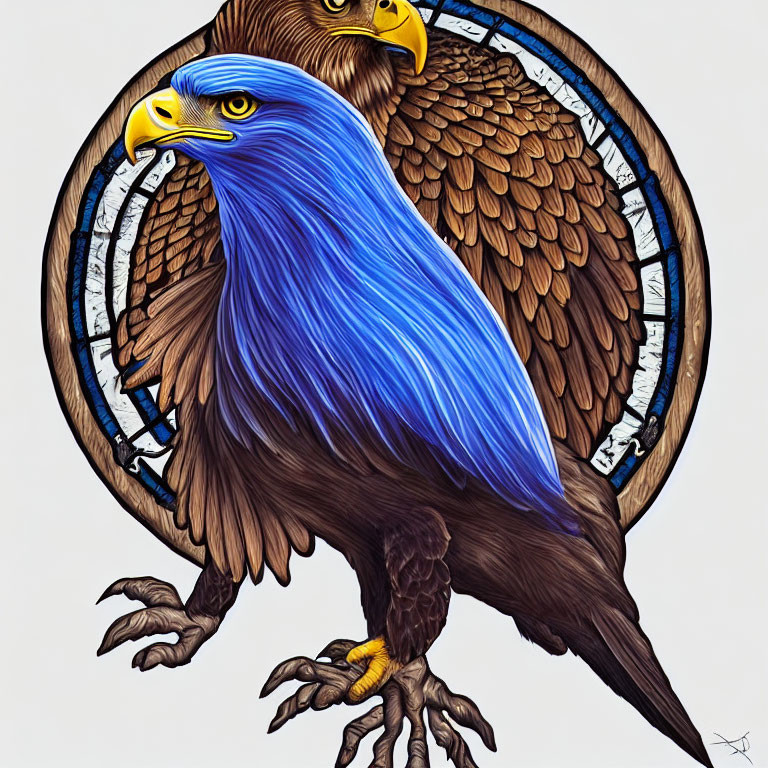 Detailed illustration of eagle with blue head and clock background