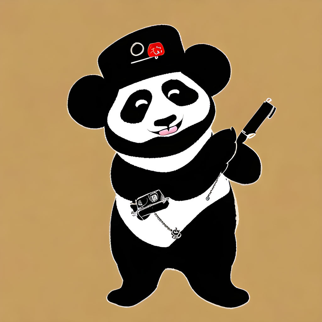 Playful cartoon panda with hat and holster, holding revolver and selfie stick, winking and sticking tongue