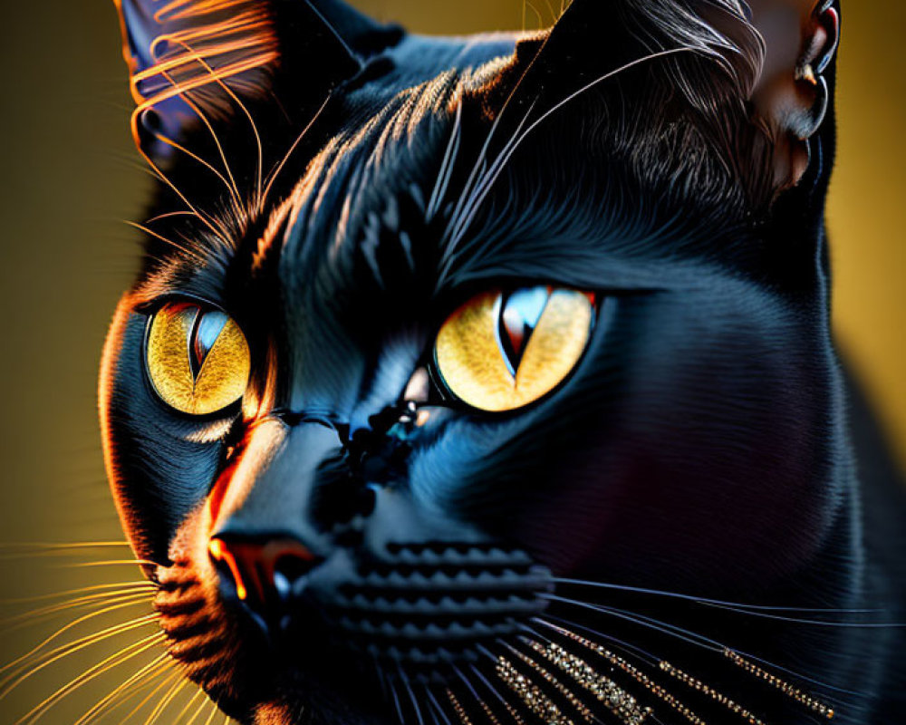 Black Cat with Golden Eyes and Whiskers on Yellow Background